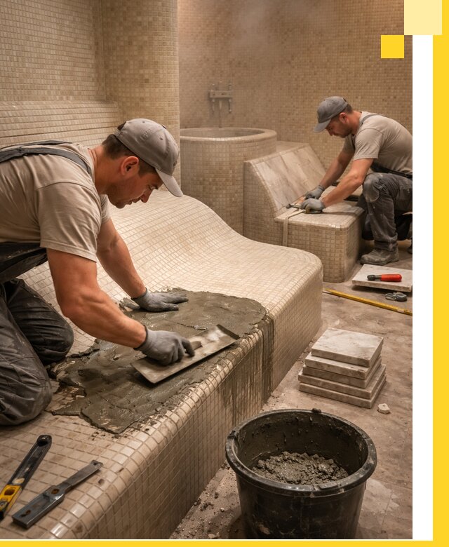 Лежаки для хамама под ключ в Кингисеппе, проект и монтаж